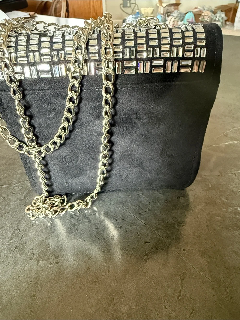 Black Metallic Mosaic Chain Crossbody Clutch